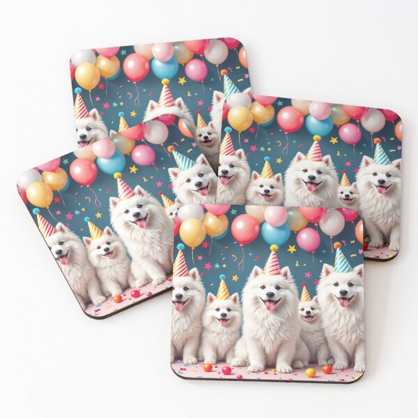 Item preview, A whimsical 3D pattern background featuring Samoyeds in party hats,celebrating at a birthday party with colorful balloons,ideal for festive pet-themed designs. designed and sold by AlwaysHome.