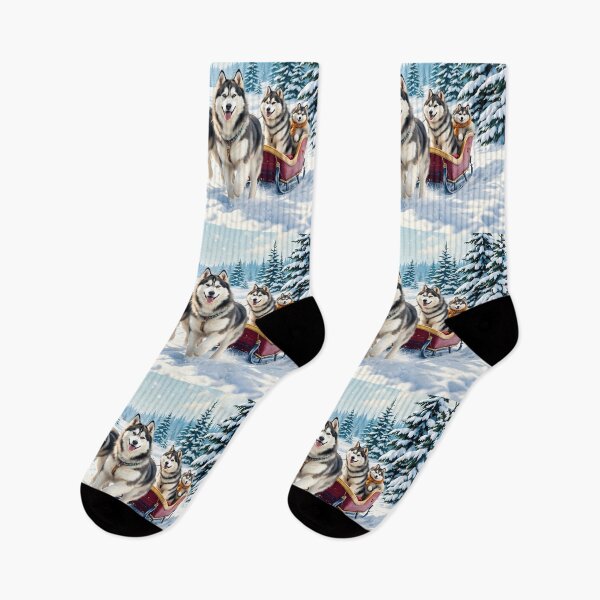 Item preview, A vibrant 3D pattern background featuring Alaskan Malamutes pulling a sled in a snowy landscape,surrounded by pine trees,perfect for winter-themed pet designs. designed and sold by AlwaysHome.