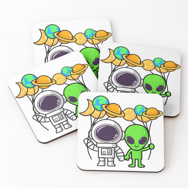 Item preview, Cartoon Astronaut and Alien with Earth planet balloon designed and sold by NoeySmiley55.