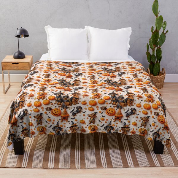Item preview, A festive 3D pattern background showcasing Dachshunds in Halloween costumes,surrounded by spooky decorations and pumpkins,ideal for Halloween pet products. designed and sold by AlwaysHome.