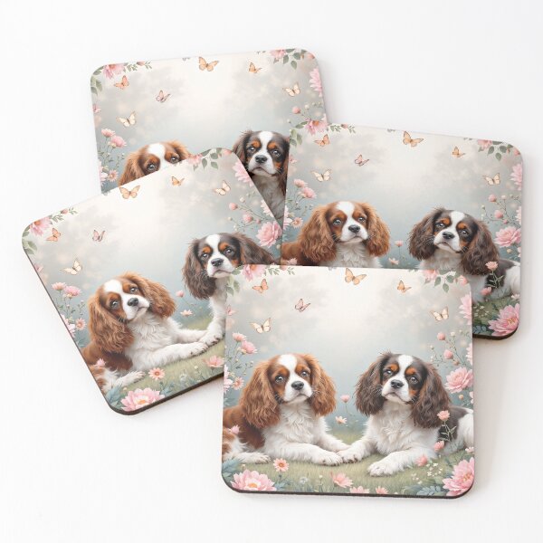 Item preview, A serene 3D pattern background with Cavalier King Charles Spaniels lounging in a flower garden,surrounded by butterflies and soft pastel colors,ideal for calming designs. designed and sold by AlwaysHome.