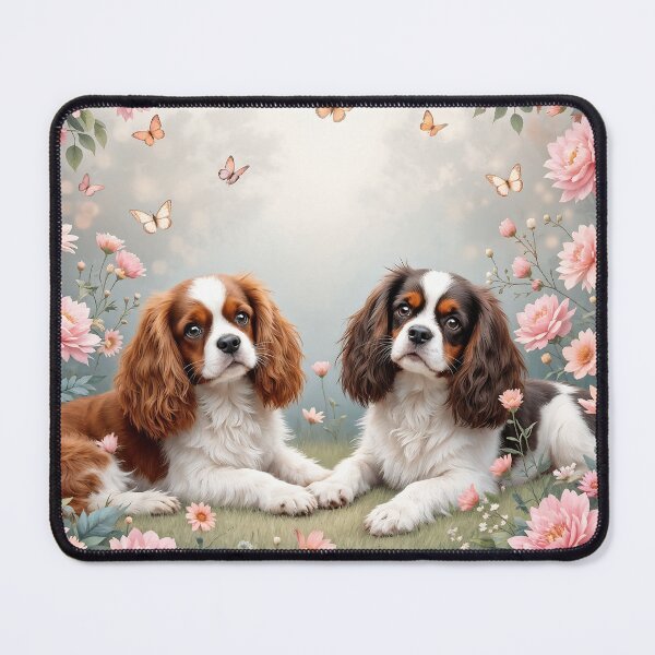 Item preview, A serene 3D pattern background with Cavalier King Charles Spaniels lounging in a flower garden,surrounded by butterflies and soft pastel colors,ideal for calming designs. designed and sold by AlwaysHome.