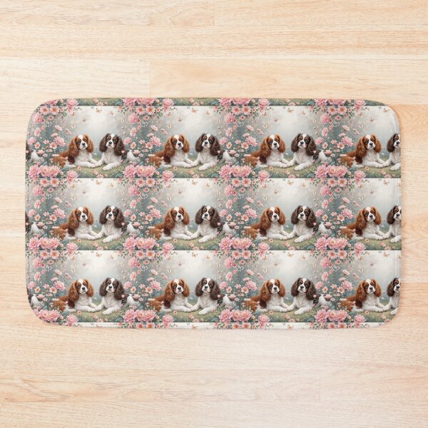 Item preview, A serene 3D pattern background with Cavalier King Charles Spaniels lounging in a flower garden,surrounded by butterflies and soft pastel colors,ideal for calming designs. designed and sold by AlwaysHome.