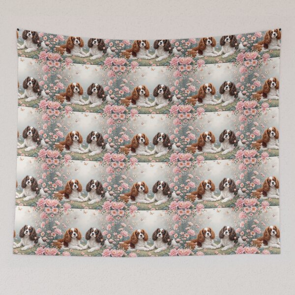 Item preview, A serene 3D pattern background with Cavalier King Charles Spaniels lounging in a flower garden,surrounded by butterflies and soft pastel colors,ideal for calming designs. designed and sold by AlwaysHome.