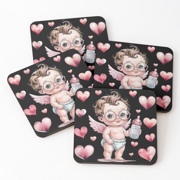 Item preview, Adorable Baby Angel with Pink Hearts and Milk Bottle - Love and Cute Art designed and sold by love3617.