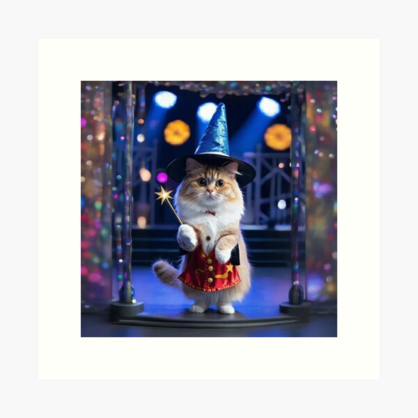 Funny cat with magic hat, costume and magic wand on stage. Kunstdruck