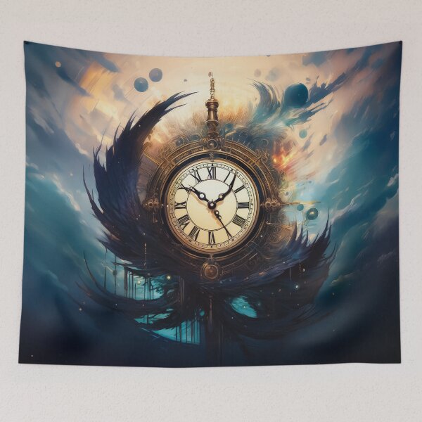 Item preview, A design of an ornate clock suspended in a dreamlike, celestial environment, blending steampunk intricacy with cosmic surrealism. designed and sold by HEMRO.