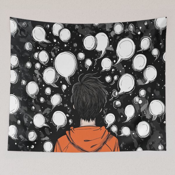 Item preview, A design of a person seen from behind, surrounded by countless empty speech bubbles, set against a stark black background. designed and sold by HEMRO.