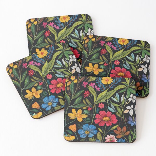 Item preview, A vibrant and intricately detailed arrangement of various flowers and leaves set against a bold black background. designed and sold by HEMRO.