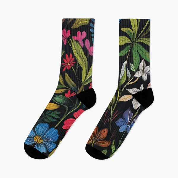 Item preview, A vibrant and intricately detailed arrangement of various flowers and leaves set against a bold black background. designed and sold by HEMRO.