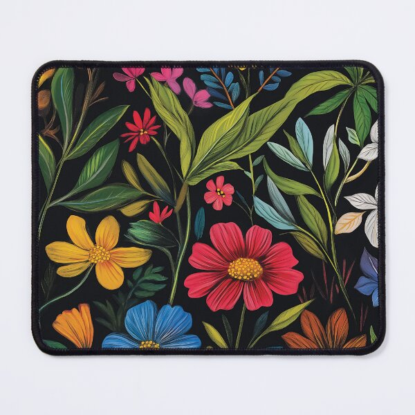 Item preview, A vibrant and intricately detailed arrangement of various flowers and leaves set against a bold black background. designed and sold by HEMRO.