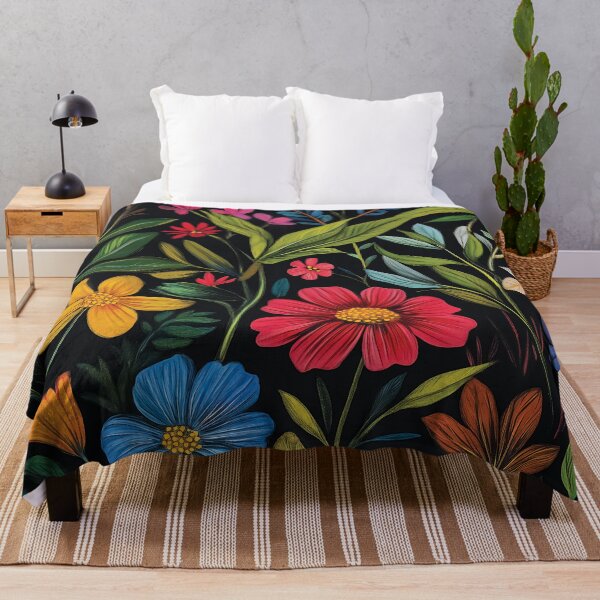Item preview, A vibrant and intricately detailed arrangement of various flowers and leaves set against a bold black background. designed and sold by HEMRO.