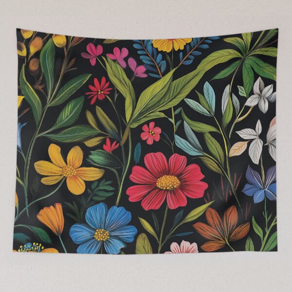 Item preview, A vibrant and intricately detailed arrangement of various flowers and leaves set against a bold black background. designed and sold by HEMRO.