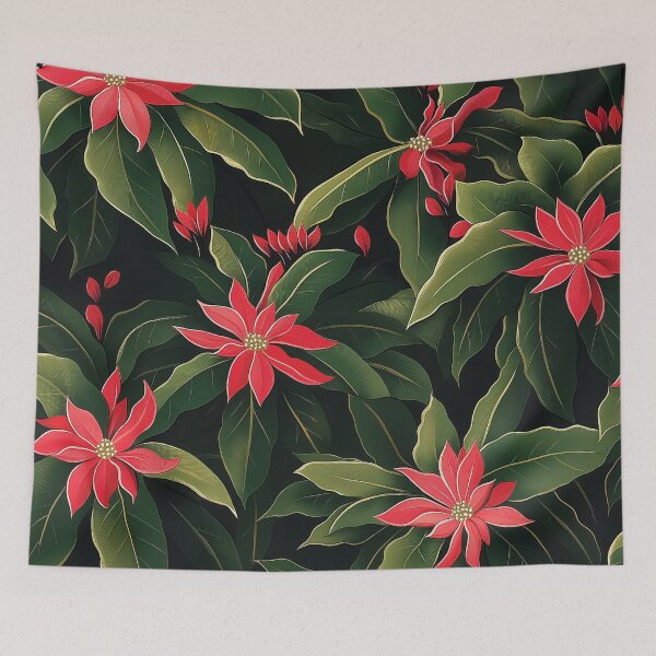 Item preview, A vibrant red poinsettia flowers surrounded by lush green leaves, creating a visually rich and festive pattern. designed and sold by HEMRO.