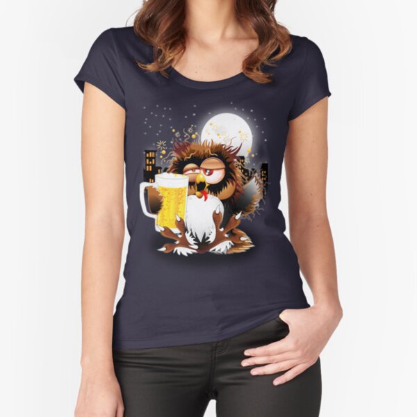 Drunk Owl with Beer Funny Character Fitted Scoop T-Shirt