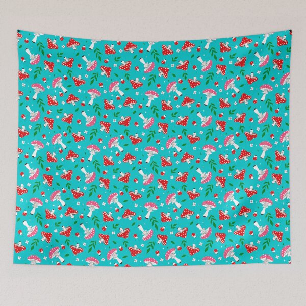 Item preview,  fly agarics and leaves on a blue background designed and sold by burbura.