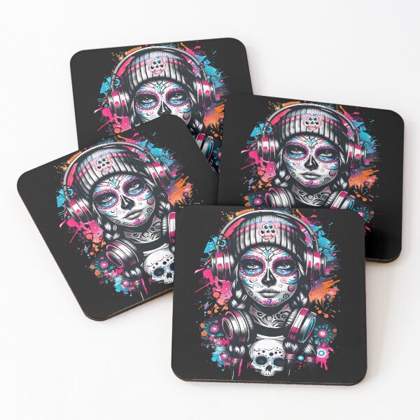 Item preview, Colorful Sugar Skull Girl with Headphones - Gothic Day of the Dead Art designed and sold by DrawHandArt.