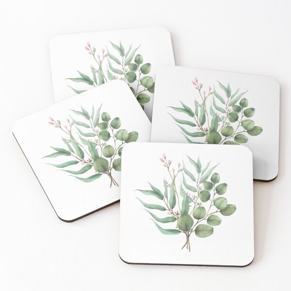 Item preview,  Eucalyptus plant and twig with pink buns. Greenery Bouquet Watercolor green branches hand drawn illustration designed and sold by BartolArt.
