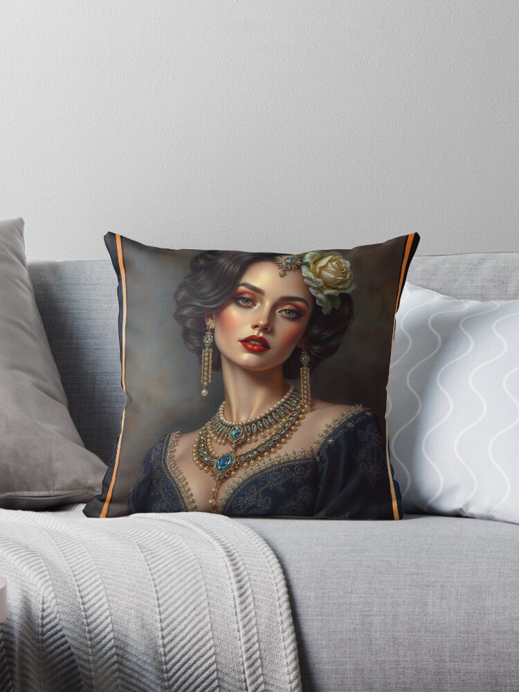 Alycia: A Vision of Classic Elegance in Opulent Golden Adornments Stunning AI Concept Art by Xzendor7 Decorative Art Print Throw Pillow