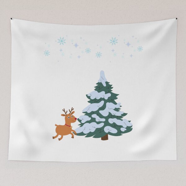 Item preview, Christmas tree with a reindeer and falling snow. Cute and adorable graphic for kids and adults designed and sold by KrissGraphShop.