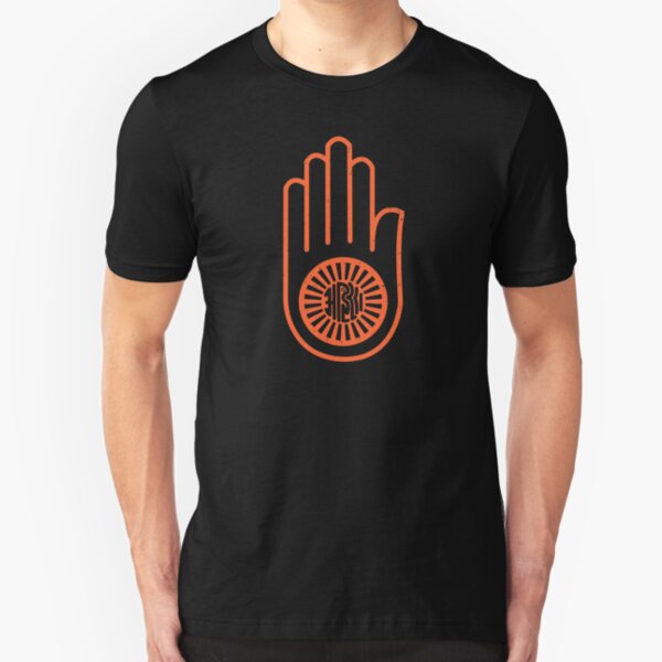 Ahiṃsā in Jainism | Orange hand with a wheel on the palm Symbol - protest without violence Slim Fit T-Shirt