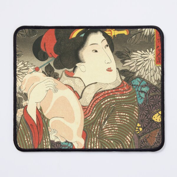 Item preview, "Chrysanthemums" by Utagawa Kuniyoshi Geicha 1844 Geisha & cat designed and sold by 2ndBloom.