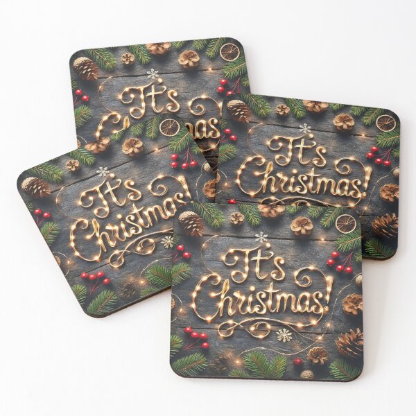 Item preview, The message "It's Christmas!" is spelled out with warm string lights, nestled among festive pine branches, pinecones, and red berries on a rustic wooden background designed and sold by homydesign.
