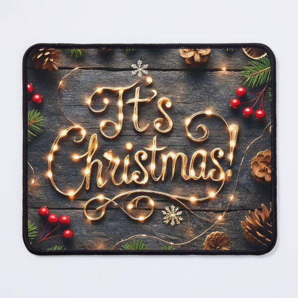 Item preview, The message "It's Christmas!" is spelled out with warm string lights, nestled among festive pine branches, pinecones, and red berries on a rustic wooden background designed and sold by homydesign.
