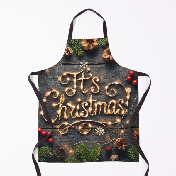 Item preview, The message "It's Christmas!" is spelled out with warm string lights, nestled among festive pine branches, pinecones, and red berries on a rustic wooden background designed and sold by homydesign.