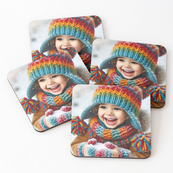 Item preview, A child dressed in colorful winter clothing, including a knitted hat, scarf, and mittens, is playing in the snow, with snowflakes visible on the clothing designed and sold by homydesign.