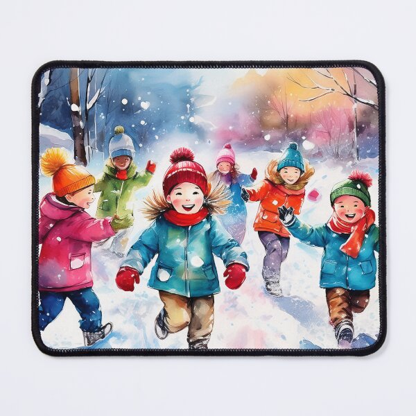 Item preview, Watercolor illustration of children playing in snow wearing colorful winter clothing designed and sold by homydesign.
