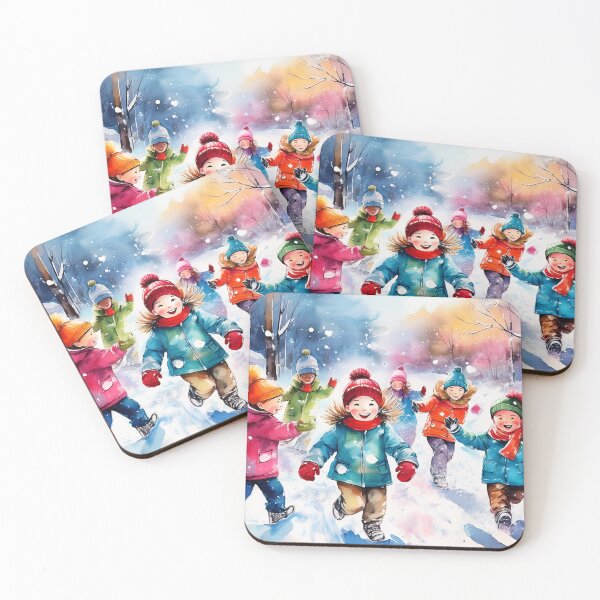 Item preview, Watercolor illustration of children playing in snow wearing colorful winter clothing designed and sold by homydesign.