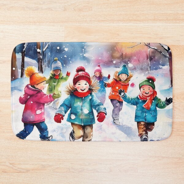 Item preview, Watercolor illustration of children playing in snow wearing colorful winter clothing designed and sold by homydesign.