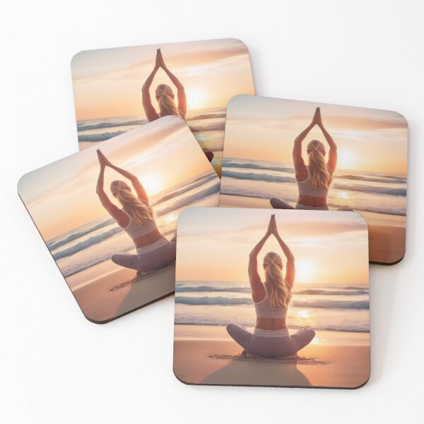 Item preview, A serene yoga practitioner sits in lotus pose on a sandy beach at sunset, arms raised in prayer position while waves gently roll in the background designed and sold by homydesign.