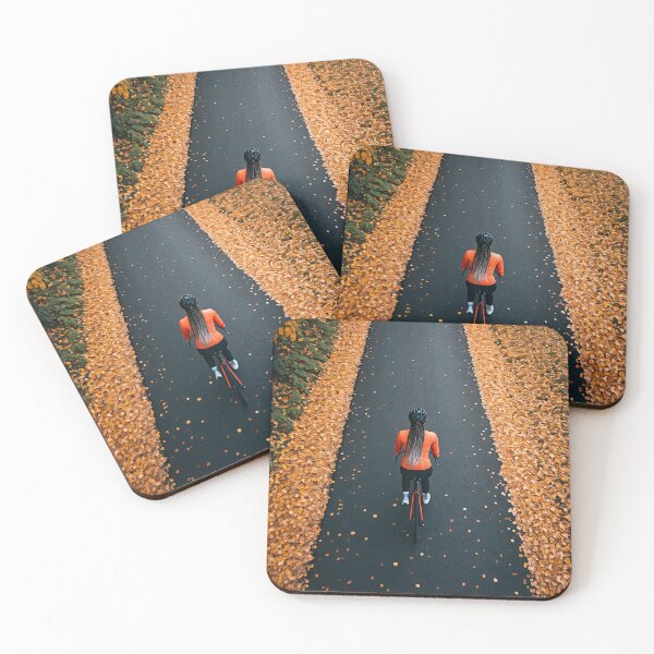 Item preview, A cyclist in an orange outfit rides a bike on a path lined with fallen autumn leaves designed and sold by homydesign.