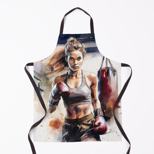 Item preview, A woman in boxing gloves stands ready to train in front of a punching bag, captured in a dynamic and colorful watercolor style designed and sold by homydesign.