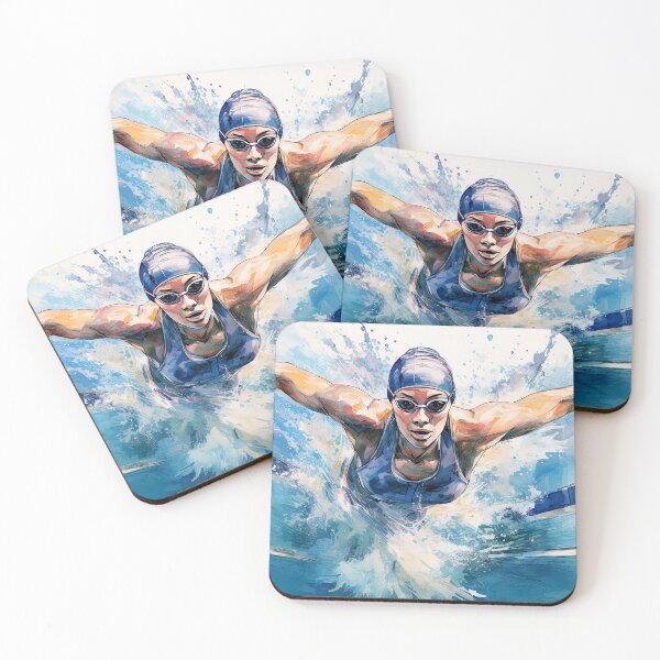 Item preview, A dynamic illustration of a swimmer in a blue swimsuit and cap, captured mid-stroke with water splashing around, showcasing strength and motion designed and sold by homydesign.