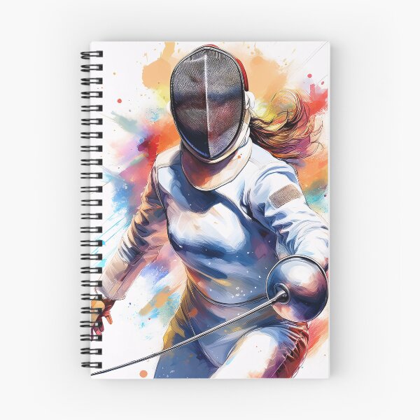 Item preview, A dynamic illustration of a fencer in action, with vibrant splashes of color in the background, showcasing the intensity and artistry of the sport designed and sold by homydesign.