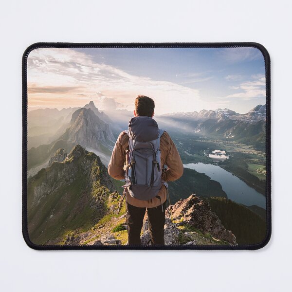 Item preview, Hiker with backpack stands atop mountain peak at sunset, overlooking dramatic alpine landscape with jagged peaks, valley lakes and sunlit clouds designed and sold by homydesign.