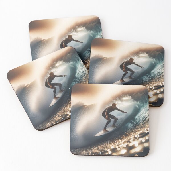 Item preview, A surfer riding a powerful wave, captured in a dynamic and dramatic moment with sunlight illuminating the scene, showcasing the thrill of surfing designed and sold by homydesign.