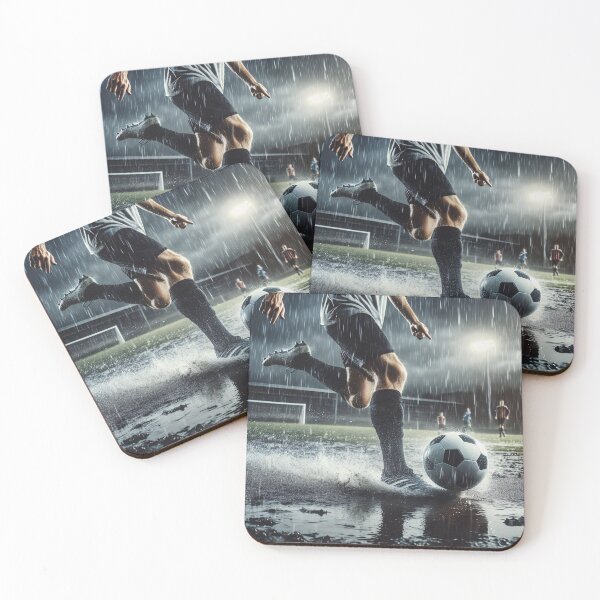 Item preview, Soccer player prepares to kick ball on rain-soaked field, creating dramatic splash effect as water droplets illuminate the intense nighttime atmosphere designed and sold by homydesign.