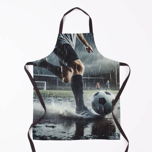 Item preview, Soccer player prepares to kick ball on rain-soaked field, creating dramatic splash effect as water droplets illuminate the intense nighttime atmosphere designed and sold by homydesign.