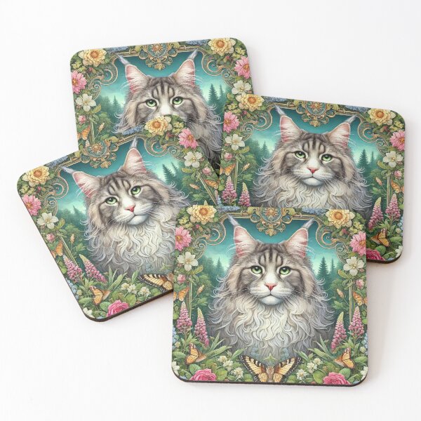 Item preview, Maine Coon Cat in Beautiful Floral Zen Flower Garden designed and sold by Illuministique.