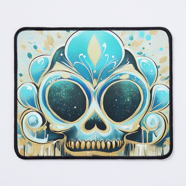 Artikelvorschau, Fantasy-Totenkopf mit tropfendem blauem und goldenem Design entworfen und verkauft von GoldenTealArts.