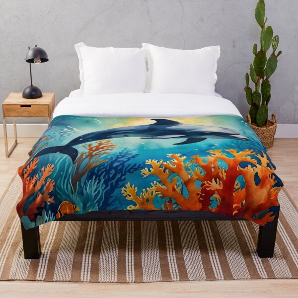 Item preview, Graceful Dolphin in Coral Paradise, Vibrant Marine Scene, Underwater Coral Reef Illustration, Tropical Vibes Nature Wall Decor designed and sold by Kintsugi99.