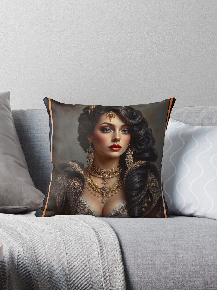 Lady Traiysha Selvus, A Regal Portrait of Classical Glamour AI Concept Art by Xzendor7 | An Enchanting Beauty 4 Lady Traiysha Selvus, A Regal Portrait of Classical Glamour Captivating AI Concept Art by Xzendor7 Decorative Art Print Throw Pillow