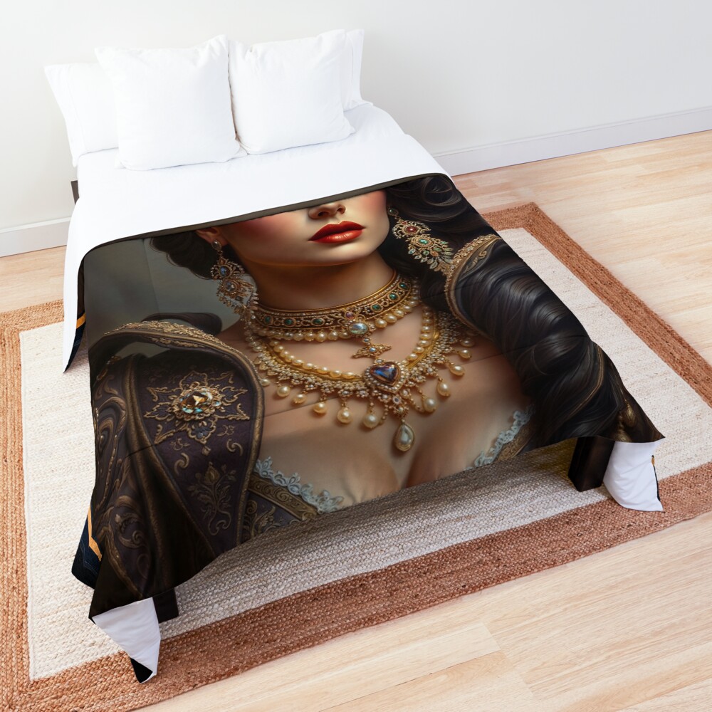 Lady Traiysha Selvus, A Regal Portrait of Classical Glamour AI Concept Art by Xzendor7 | An Enchanting Beauty 3 Lady Traiysha Selvus, A Regal Portrait of Classical Glamour Captivating AI Concept Art by Xzendor7 Decorative Art Print Comforter