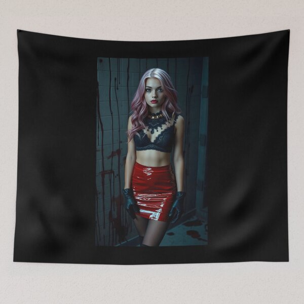 Item preview, Mysterious Elegance: Woman with Pink Hair and Red Latex Skirt designed and sold by e-not-shop.