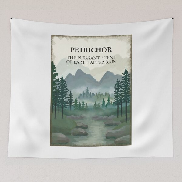 Item preview, PETRICHOR The pleasant scent of earth after rain. Misty forest woodland, river, hills mountains painting designed and sold by Scat the cat.