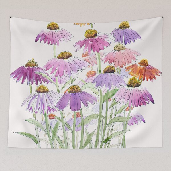 Item preview, colourful coneflowers ink and watercolour painting  designed and sold by ColorandColor.